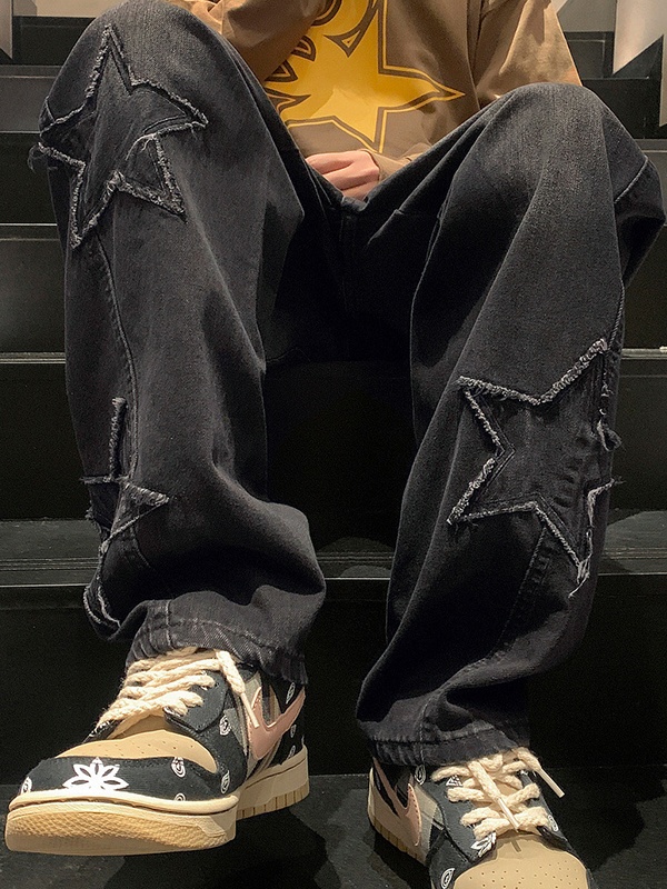 Men's Star Patchwork Loose Straight Leg Jean-3