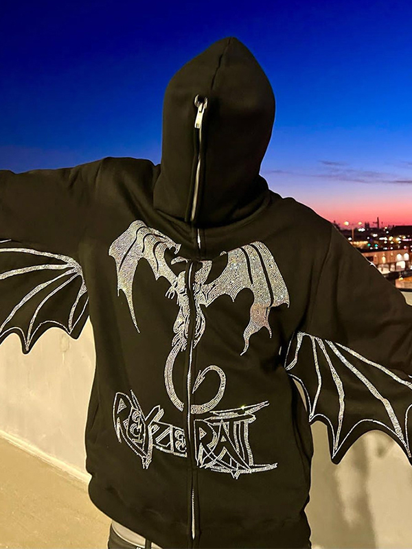 Men's Dragon Rhinestone Bat Modeling Oversized Hoodie-2