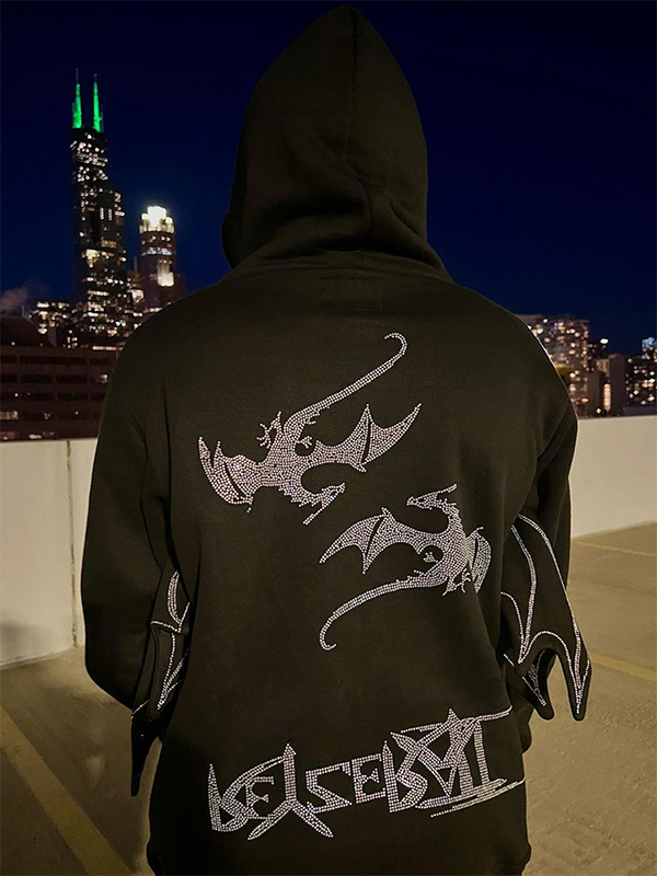 Men's Dragon Rhinestone Bat Modeling Oversized Hoodie-1