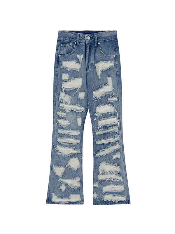 Men's Washed Ripped Flare Loose Jeans-4
