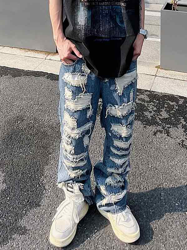 Men's Washed Ripped Flare Loose Jeans-3