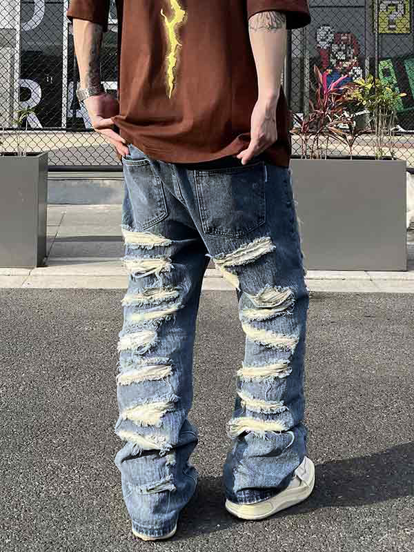 Men's Washed Ripped Flare Loose Jeans-1