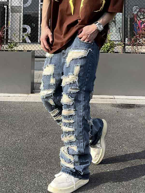 Men's Washed Ripped Flare Loose Jeans-2