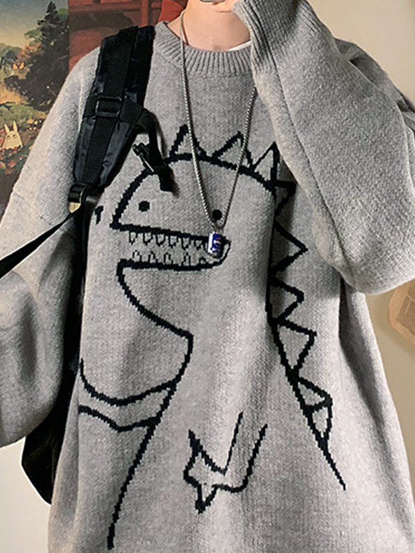 Men's Cartoon Dinosaur Pullover Sweater-1
