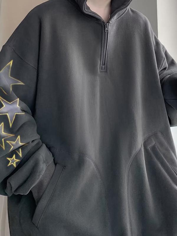 Men's Sleeve Star Print Zip Up Oversized Hoodie-2