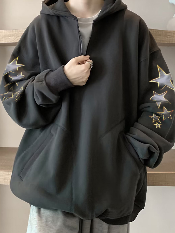 Men's Sleeve Star Print Zip Up Oversized Hoodie-1
