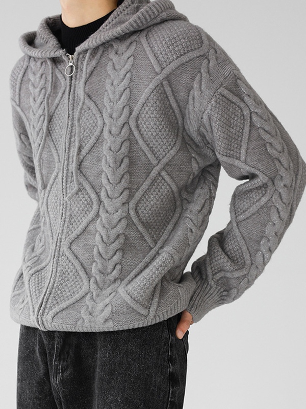 Men's Solid Cable Knit Zip Up Oversized Hoodie-1