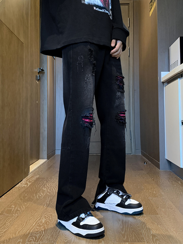 Men's Contrast Patch Ripped Side Zip Up Straight Leg Pants-3