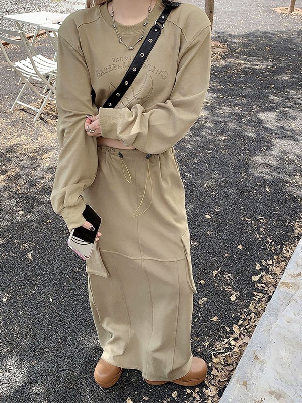 Vintage Print Short Sweatshirt&Drawstring Cargo Skirt Set-1