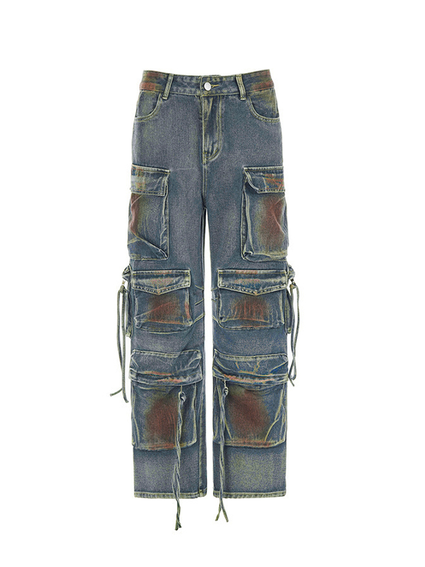Vintage Tie Dye Multi Pocket Cargo Jeans-3