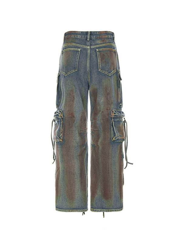 Vintage Tie Dye Multi Pocket Cargo Jeans-4