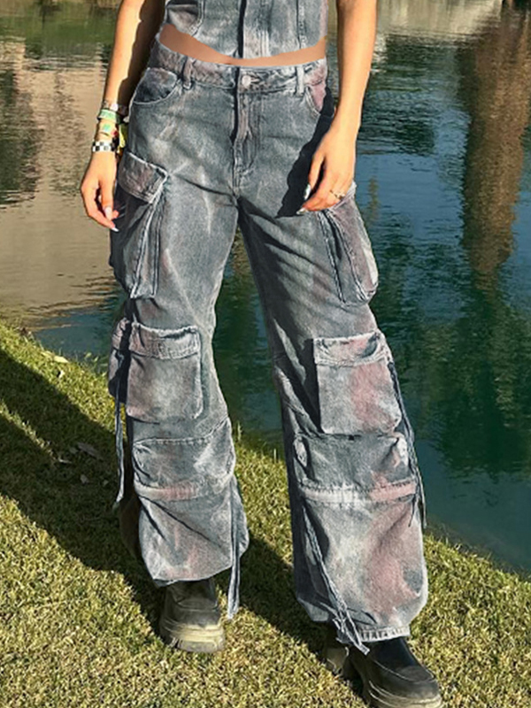 Vintage Tie Dye Multi Pocket Cargo Jeans-2