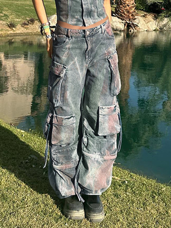 Vintage Tie Dye Multi Pocket Cargo Jeans-1