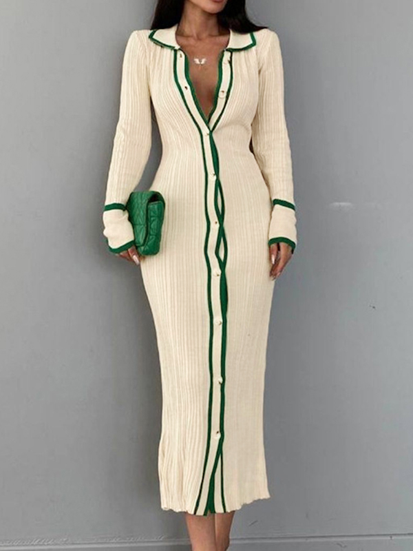 Contrast Color Trim Splice Lapel Neck Slim Midi Dress-1