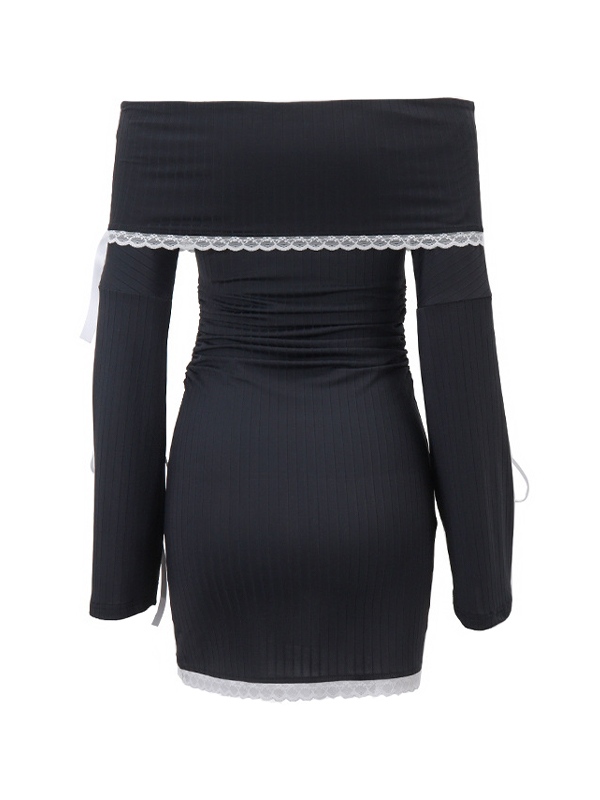 Off Shoulder Lace Splice Tie Up Long Sleeve Mini Dress-4