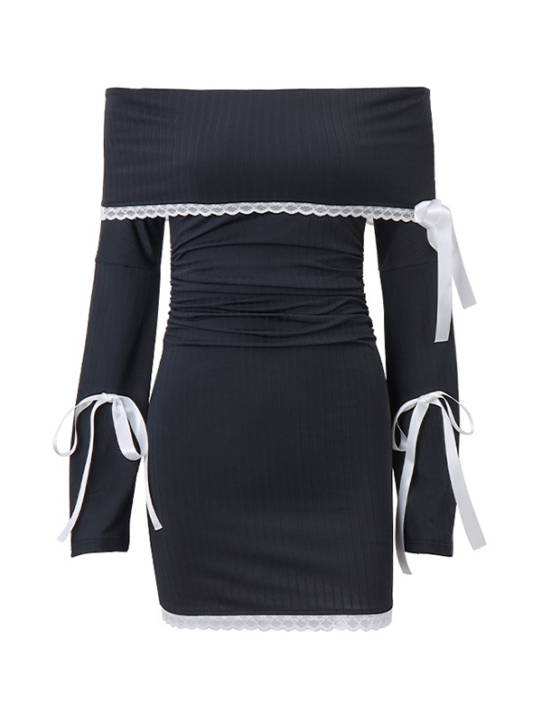 Off Shoulder Lace Splice Tie Up Long Sleeve Mini Dress-3