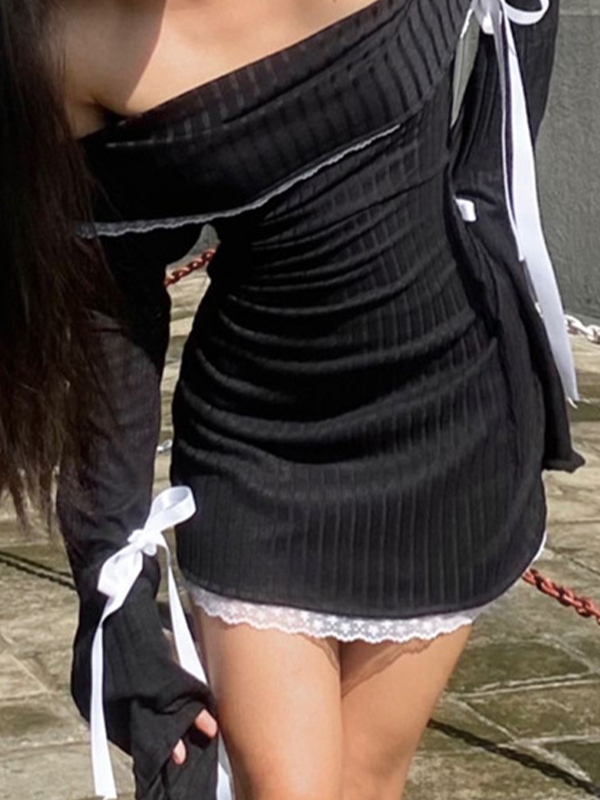 Off Shoulder Lace Splice Tie Up Long Sleeve Mini Dress-2