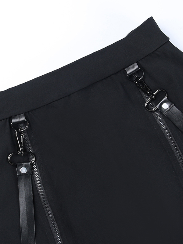 Gothic Double Zip Slit Buckle Decor Mini Skirt-6