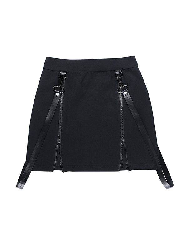 Gothic Double Zip Slit Buckle Decor Mini Skirt-7
