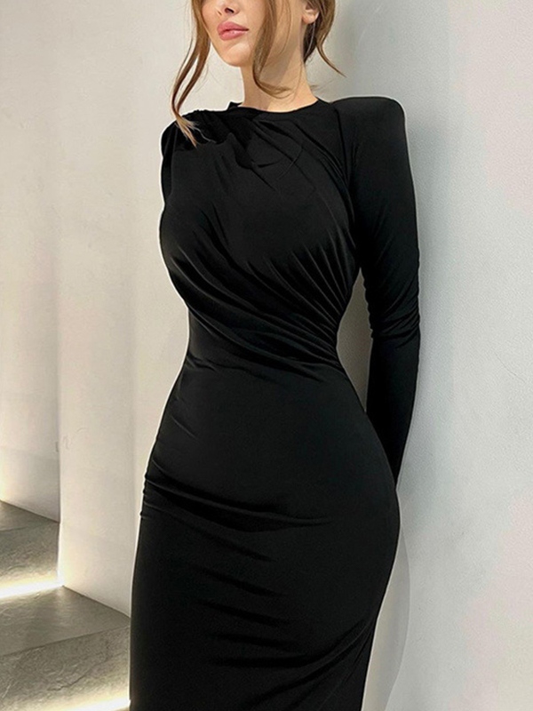 Solid Ruched Long Sleeve Maxi Dress-5
