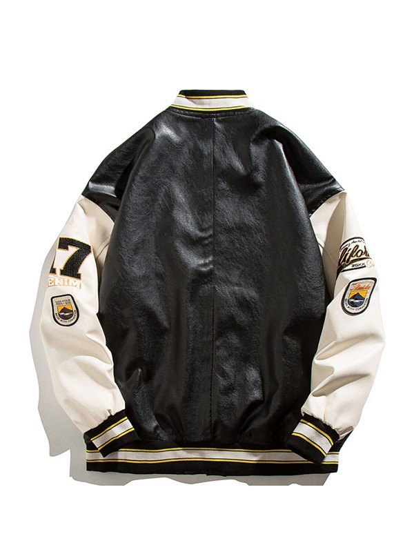 Men's Embroidered Pu Leather Varsity Jacket-1