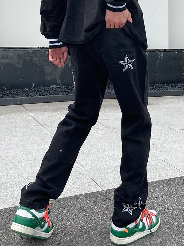 Men's Embroidered Star Black Loose Jeans-4