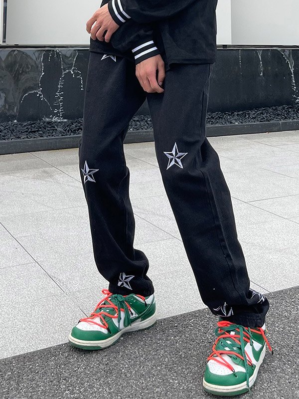 Men's Embroidered Star Black Loose Jeans-1