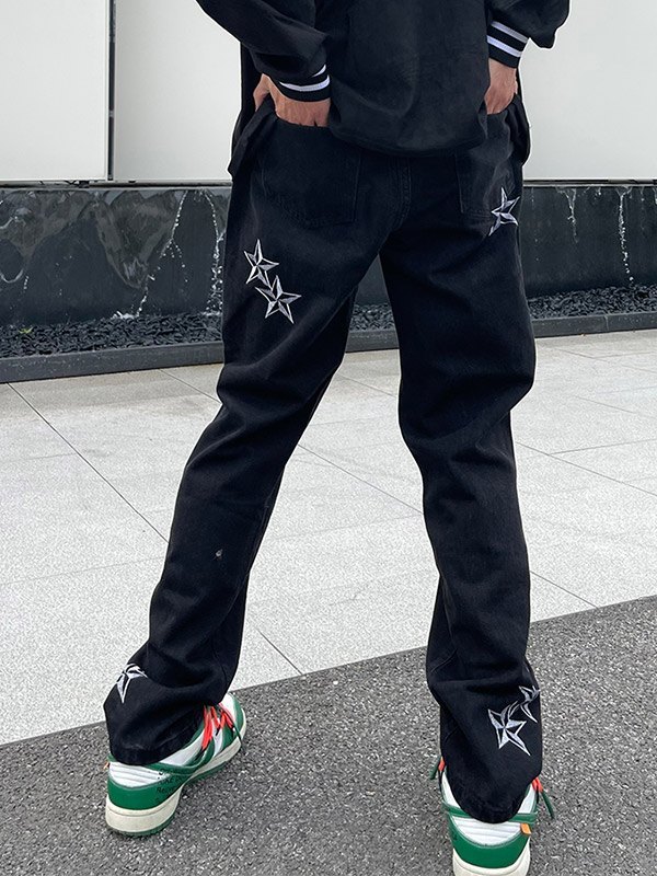 Men's Embroidered Star Black Loose Jeans-2