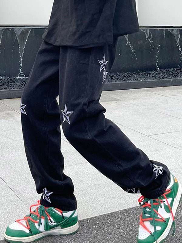 Men's Embroidered Star Black Loose Jeans-3
