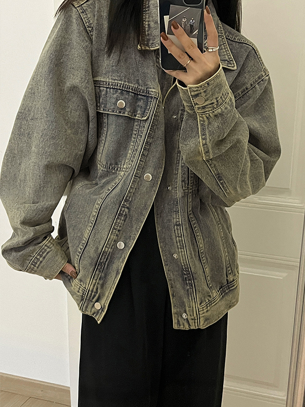 Versatile Distressed Lapel Neck Denim Jacket-1