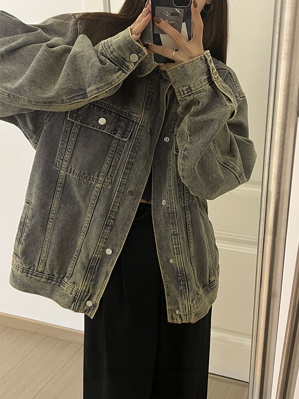 Versatile Distressed Lapel Neck Denim Jacket-2