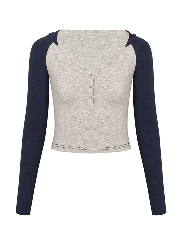 Contrast Color V Neck Long Sleeve Tee-6