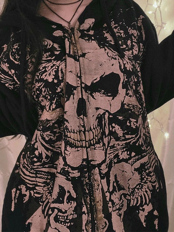 Skull Print Zip Up Oversized Hoodie-1