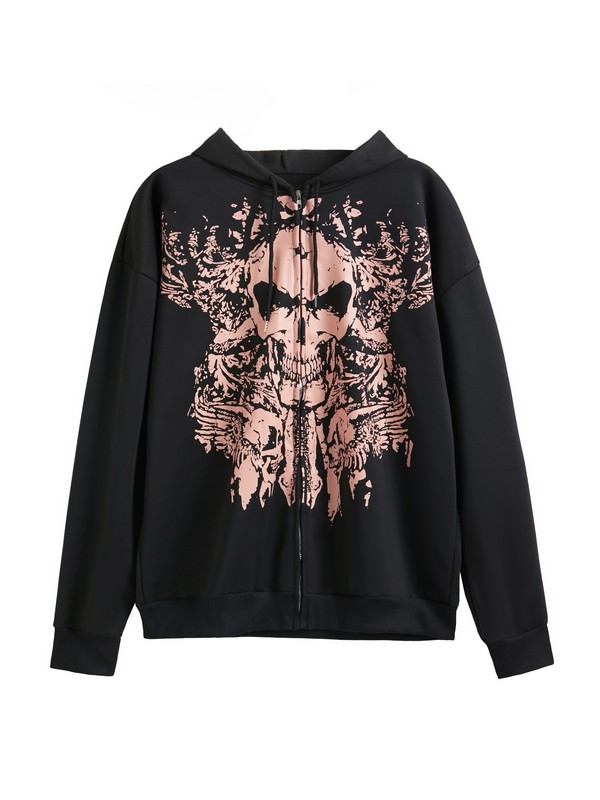 Skull Print Zip Up Oversized Hoodie-4