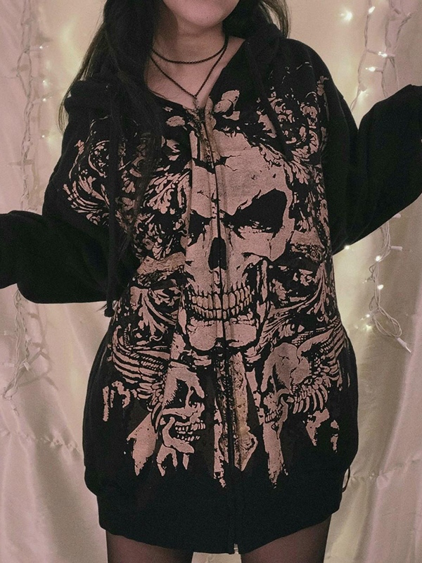 Skull Print Zip Up Oversized Hoodie-2