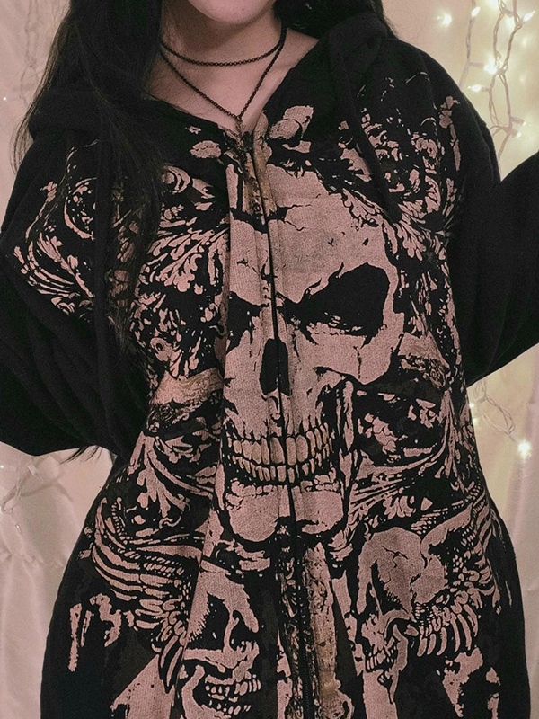 Skull Print Zip Up Oversized Hoodie-3