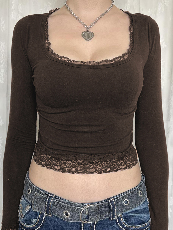 Lace Trim Splice Square Neck Crop Long Sleeve Tee-2