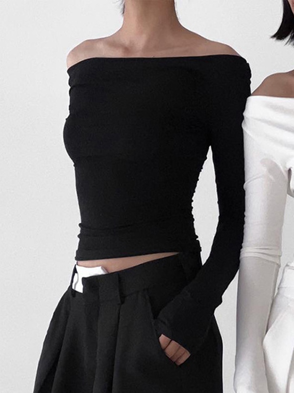 Solid Color Stacked Neck Backless Lacing Long Sleeve Tee-1