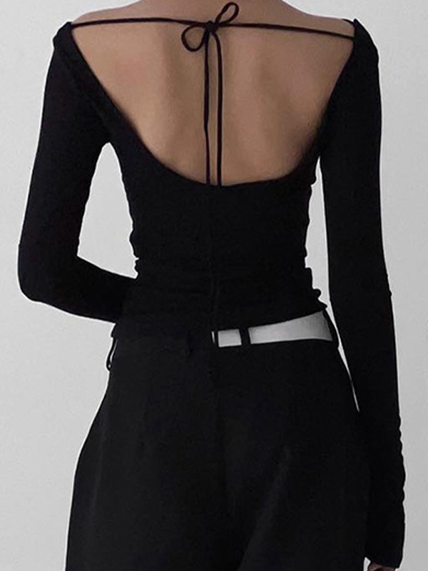 Solid Color Stacked Neck Backless Lacing Long Sleeve Tee-2