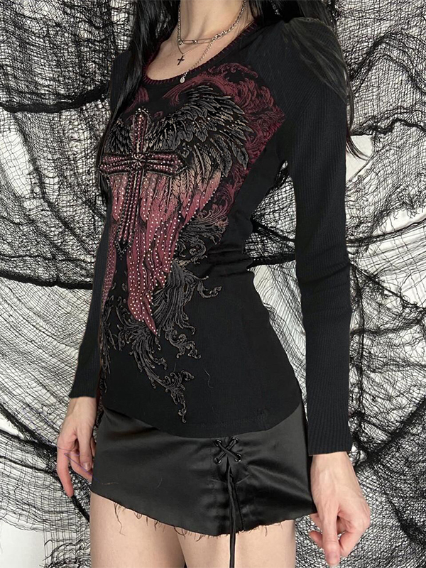 Wing Cross Rhinestone Print Long Sleeve Tee-1
