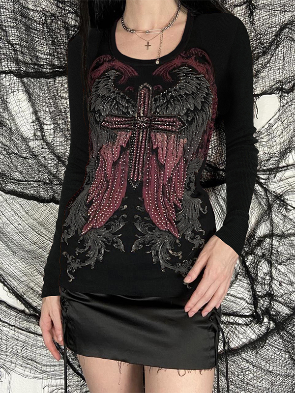 Wing Cross Rhinestone Print Long Sleeve Tee-2