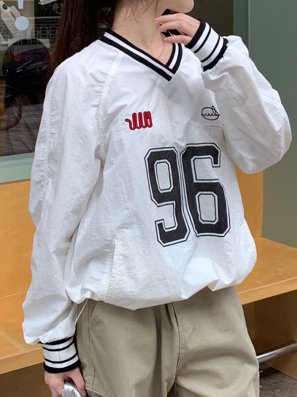 Number Print V Neck Thin Sweatshirt-2