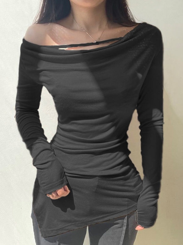 Solid Off Shoulder Irregular Slit Hem Long Sleeve Tee-1
