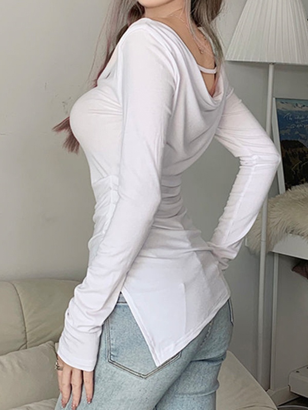 Solid Off Shoulder Irregular Slit Hem Long Sleeve Tee-2