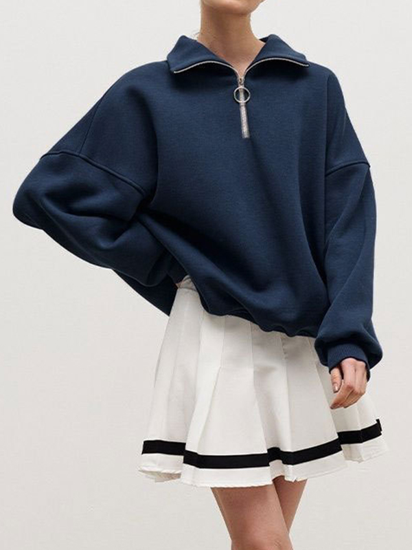 Solid Lapel Neck Half Zip Sweatshirt-1