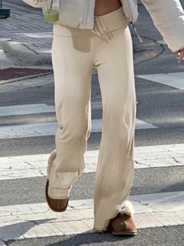 Solid Turned Waist Tie Up Flare Leg Pants-1