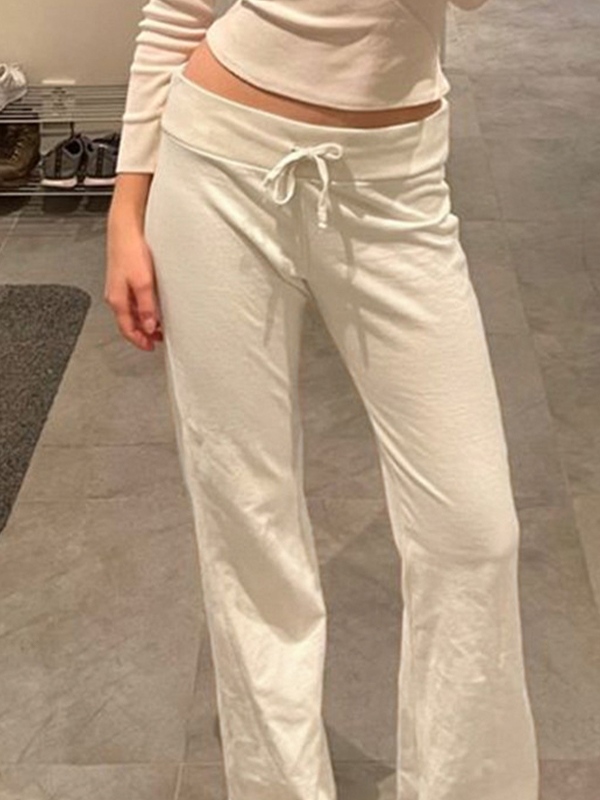 Solid Turned Waist Tie Up Flare Leg Pants-2