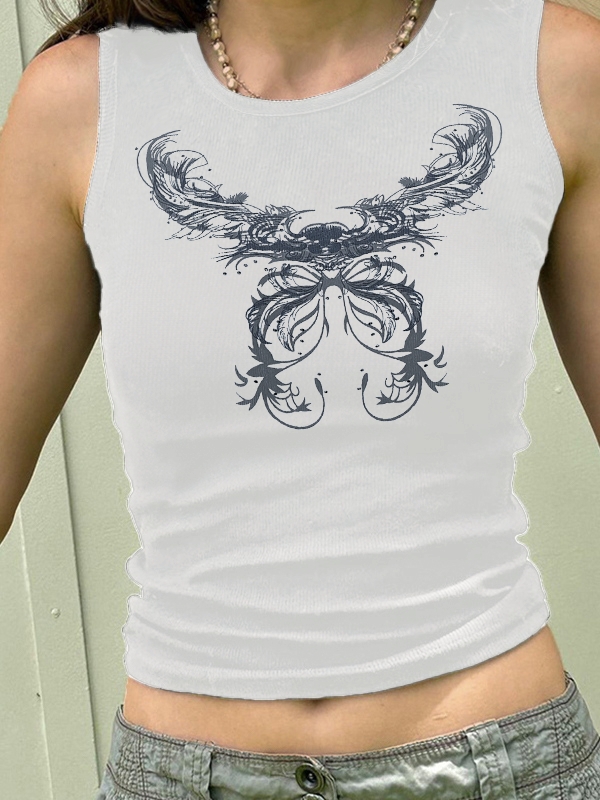 Vintage Butterfly Print Ribbed Tank Top-0