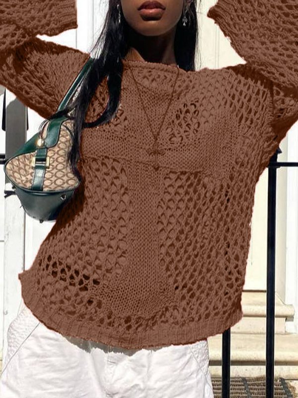 Cross Pattern Crochet Hollow Long Sleeve Knit Top-1