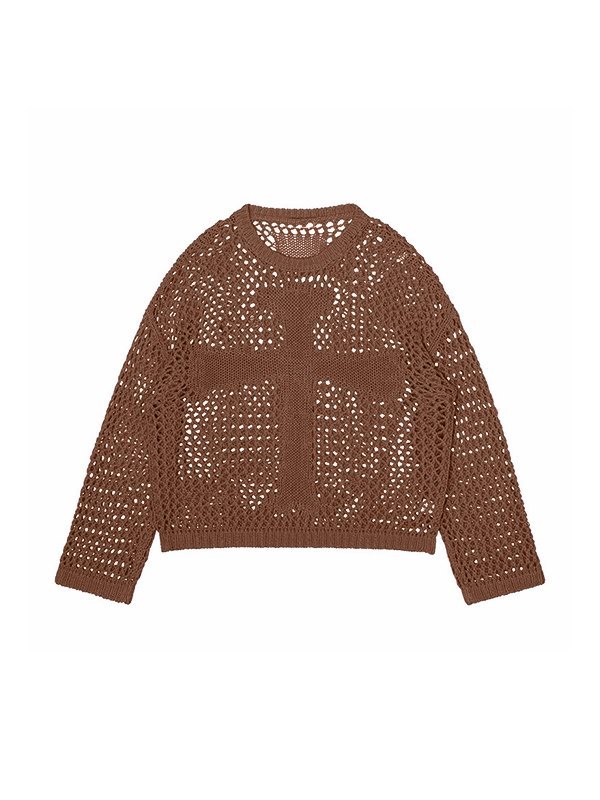 Cross Pattern Crochet Hollow Long Sleeve Knit Top-2